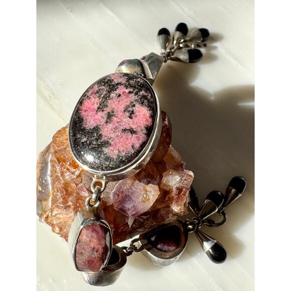 Rhodonite Indian Ruby Black Onyx Sterling Handmade 925 Bracelet - Picture 4 of 7